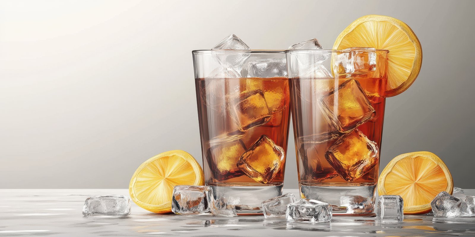 Refreshing iced tea served with lemon slices and ice cubes on a smooth surface in a serene setting
